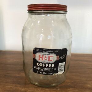 Vintage Woods Bros. H & C Coffee 48 oz / 3 lb Paper Label Jar with Lid 8 1/4"